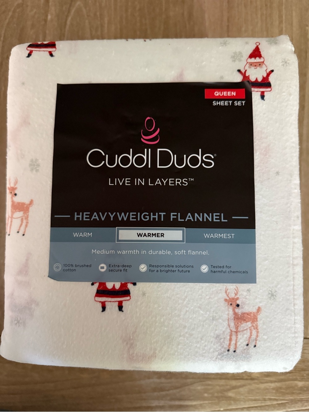Cuddl Duds Heavyweight Cotton Flannel QUEEN Sheet Set Santa and Reindeer